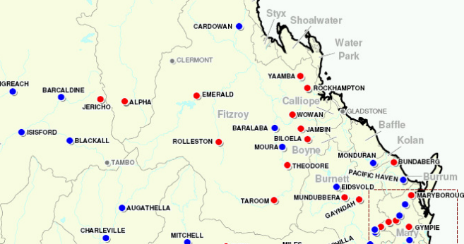 Location map - 2011 Yaamba Flood (Red dots - flood inundated towns. Blue dots - flood affected towns)